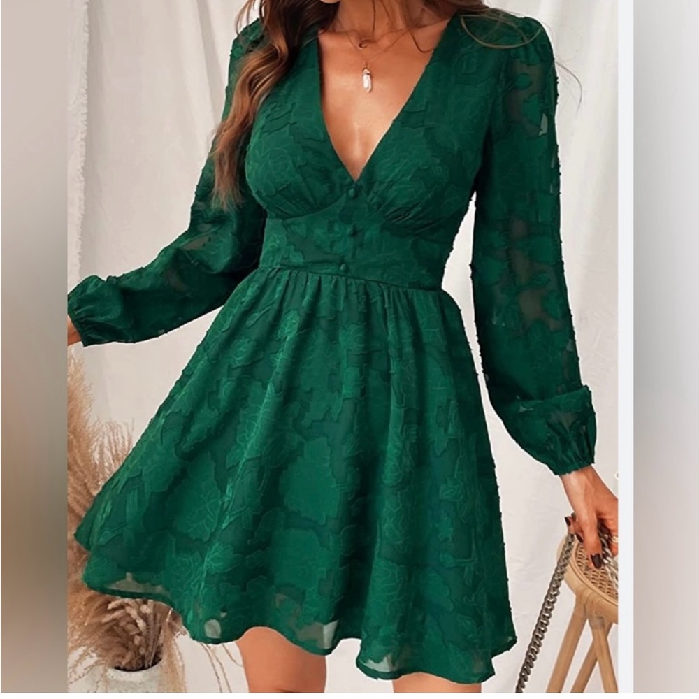 Womens Cupshe A Line Mini Dress Floral Lace Long Sleeve Size Large Green New